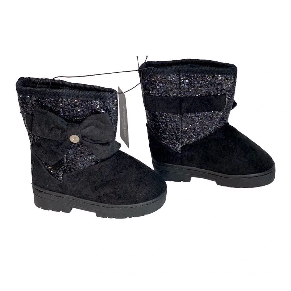New Bebe Girls Black with Glitter and Bow Faux Suede Boots Size 7 Faux Fur Linin